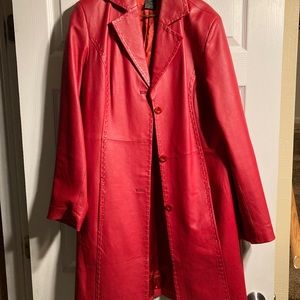 Rich red leather knee length coat.